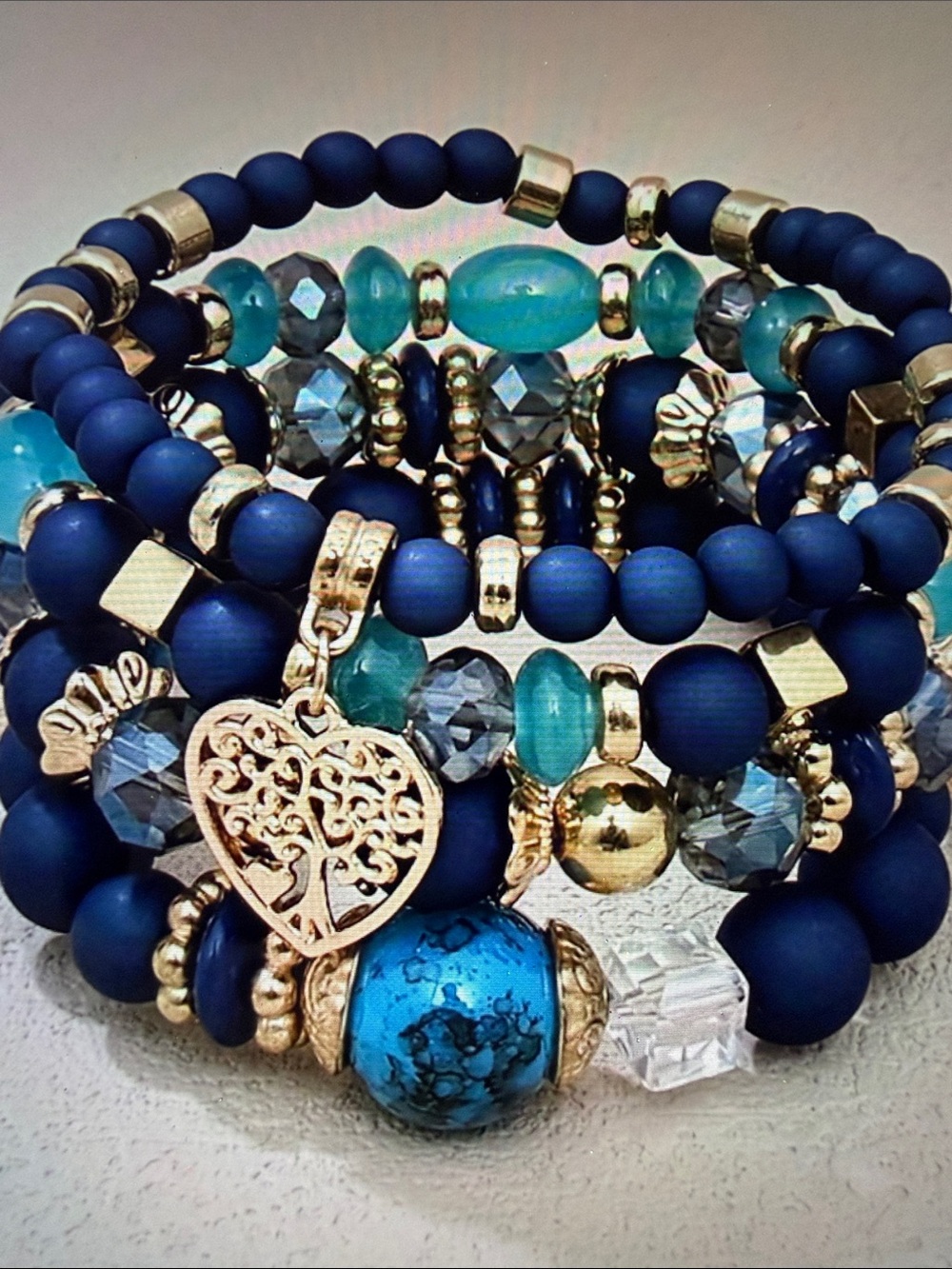 Gold & Navy or light blue Beaded Stack Bracelet Set with Turquoise Accents